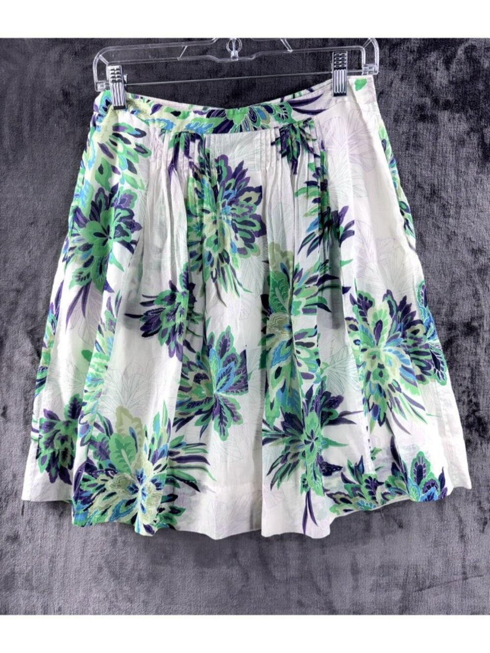 Elie Tahari Floral Pleated US 8 Knee Length A-Line Cotton Silk Skirt w/ Pockets